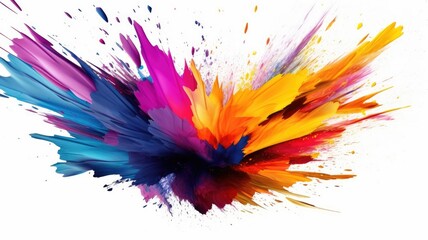 Explosion of vibrant fluid paint splashes on white background. Colorful watercolor bursting and...