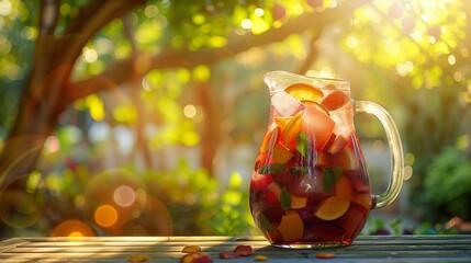 A pitcher of sangria filled with colorful fruits and ice cubes, placed on a vibrant outdoor patio table with sunlight dappling through the trees. - Powered by Adobe