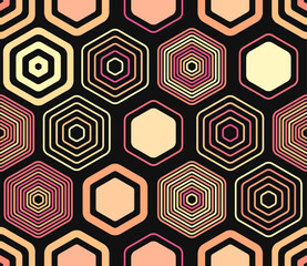 Hexagon geometric shapes background. Geometric elements of varied style and color. Large hexagons. Tileable pattern. Seamless background. Captivating vector illustration.