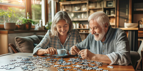 Senior couple playing puzzles in a retirement home. Elderly friends assembling jigsaw puzzle pieces in a nursing home. Housing facility intended for the elderly people.