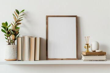 Photo Frame Empty. Bohemian Interior Design with Dark Wood Frame Mockup for Artwork Display
