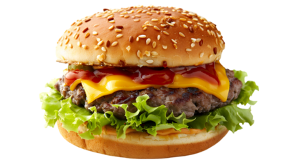  A classic cheeseburger with a thick beef patty, American cheese, lettuce, tomato, and ketchup in a sesame seed, transparent background