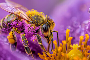 A bee is on a purple flower with yellow petals - Powered by Adobe