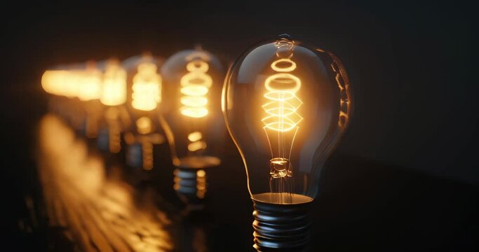 One illuminated bulb among unlit ones showing creativity, innovation, and solution