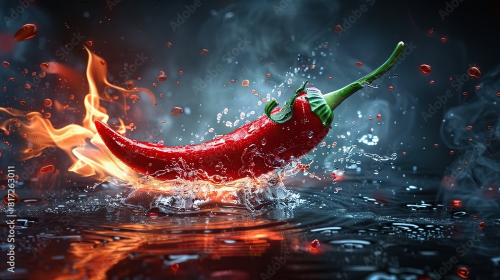 Wall mural Red hot chili pepper on fire and water splash in dark background. Spicy food concept. High resolution.