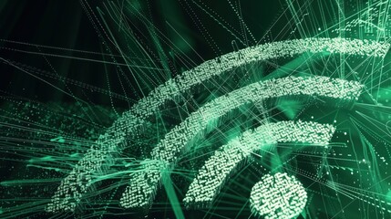 A vibrant green Wi-Fi symbol stands out against a rich dark background, symbolizing connectivity and technology