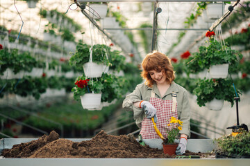 Happy florist using trowel for replanting flowers at greenhouse.