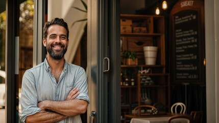 A man standing in front of a cafe with his arms crossed, exuding confidence and style.