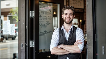 Joyful man welcomes guests at restaurant door