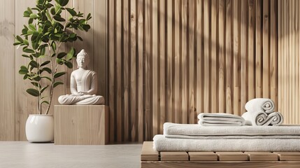Empty Modern Thai spa interior with minimalist Buddha decor. Calm spa setting. Concept of mindfulness, meditation, massage room, relaxation, wellness, minimalist design
