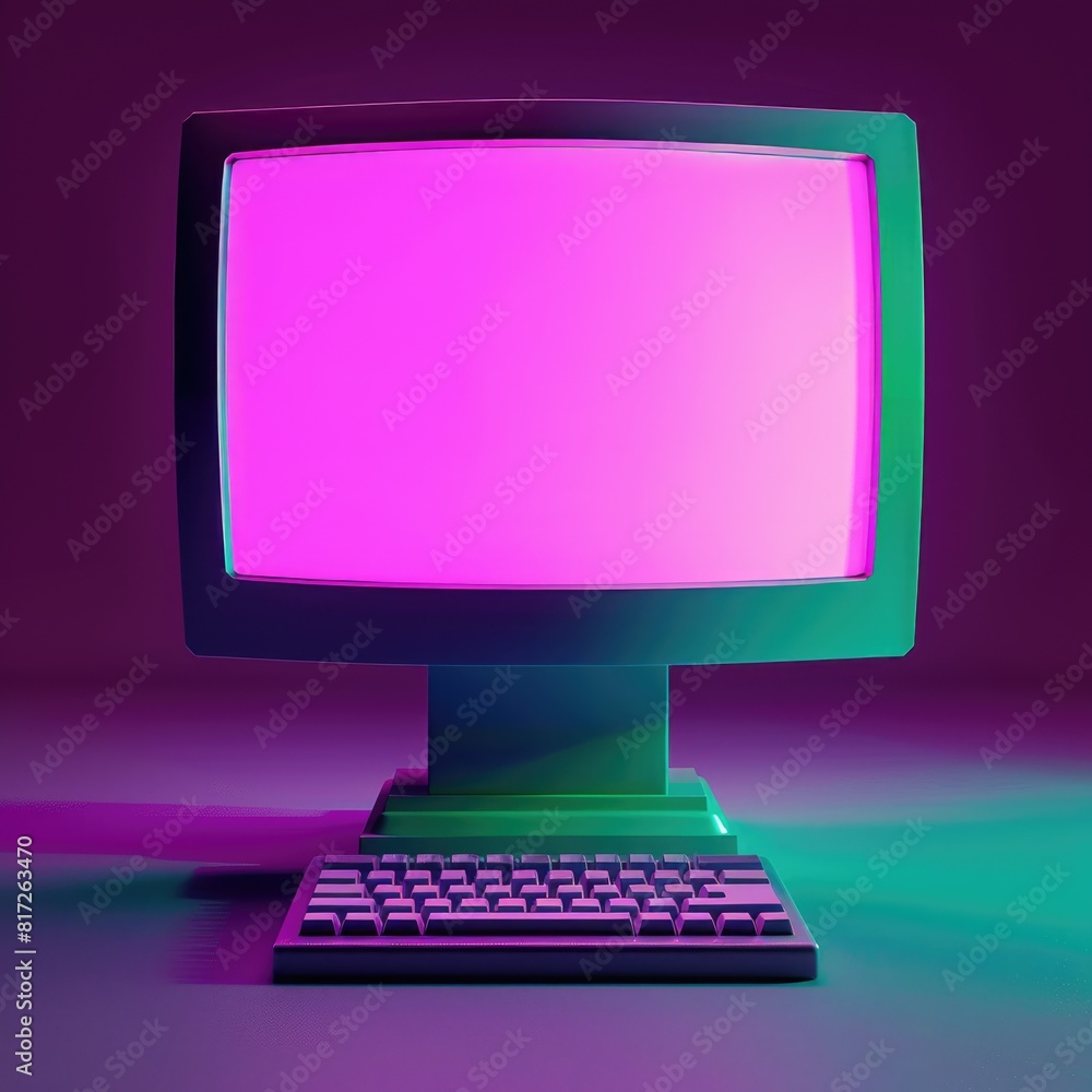 Poster pc computer desktop in bright retro lighting colors with blank screen. 3d rendering