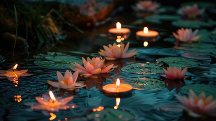 On the ancient Midsummer holiday Summer Solstice Day mystical rituals involve floating flowers and burning candles atop dark waters adorned with aquatic duckweeds Lemna as part of an age ol