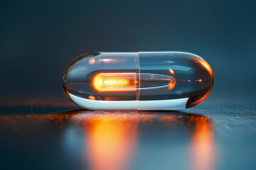 A small orange pill sits on a table