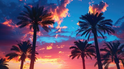 Fototapeta na wymiar Palm Trees Tropical Sunset. Silhouette of Palm Trees Against Evening Sky