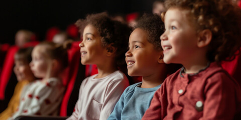 Group of cheerful children sitting in the theater watching the muppet show performance.