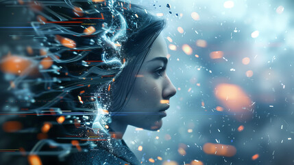 abstract background of woman half of her face is made up by digital data and the other side has flowing particles