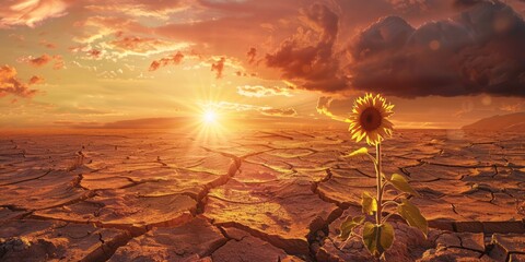 Cracked mud flats due to drought with a single sunflower flower. The sun is setting in the background.
