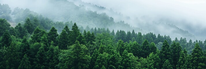 Dense green forest blanketed with mist, creating a tranquil and mysterious atmosphere