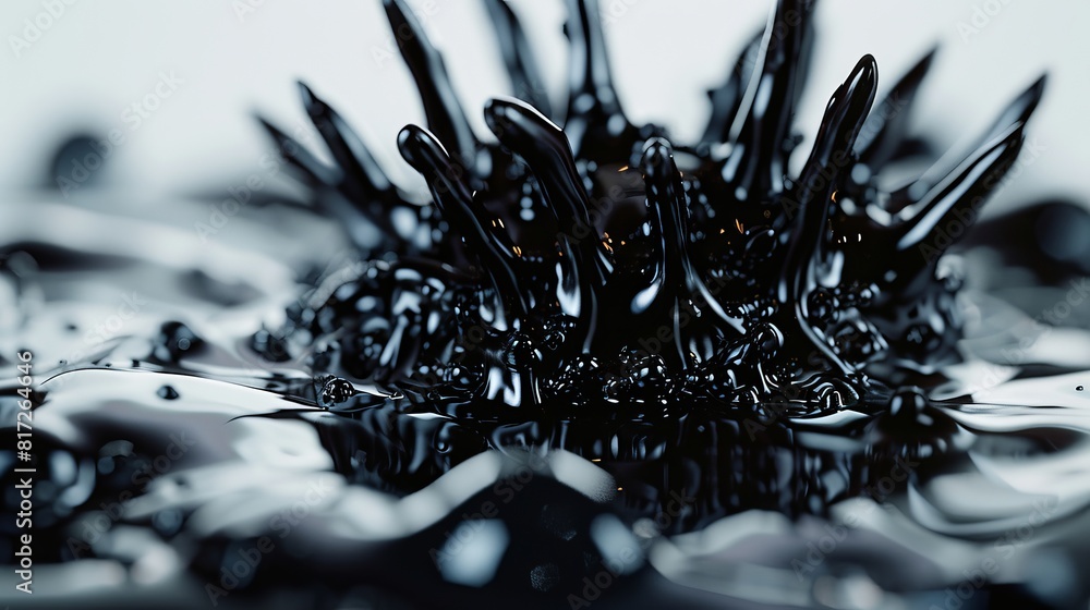 Poster minimalistic futuristic macro photograph capturing black spikes formed by ferrofluid in reaction to 