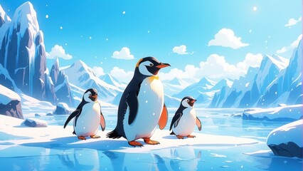 Fototapeta premium Wallpaper game art, penguins in the frozen land