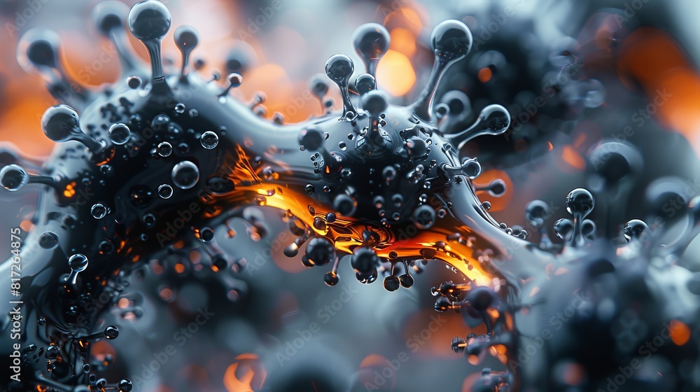 Poster minimalistic futuristic macro photograph capturing black spikes formed by ferrofluid in reaction to 