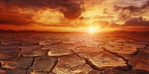 Cracked mud flats due to drought. The sun is setting in the background.