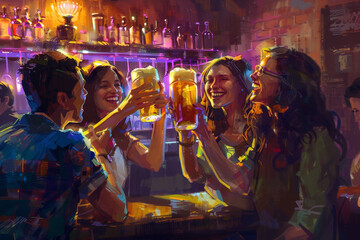 A group of people are at a bar, laughing and drinking beer