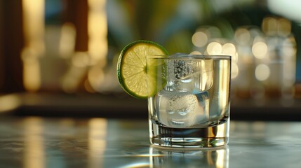 A single, perfectly round ice cube floating in a crystal clear glass filled with chilled coconut water, a slice of lime resting on the rim.
