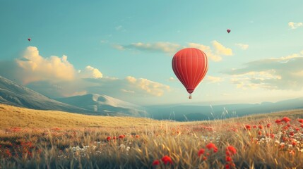 Fototapeta premium A solitary balloon drifting above a peaceful meadow, carrying dreams on its journey.