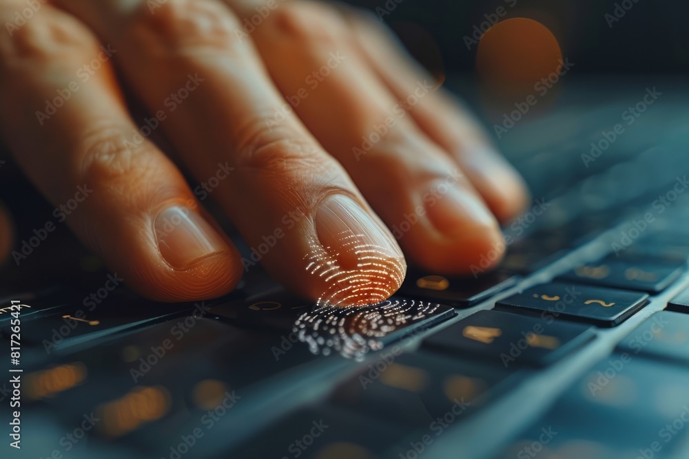 Poster finger pressing a key on a keyboard with a digital fingerprint overlay