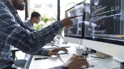 Closeup, boss and worker with computer screen, programming, trading, coaching, or mentor. Supervisor, employee, or pc, code, or cyber security advice with programmer or fintech