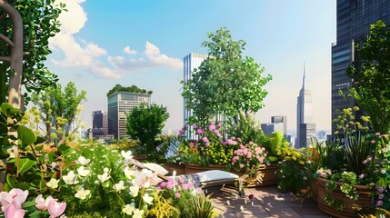 Fototapeta premium A serene rooftop garden with lush greenery and blooming flowers