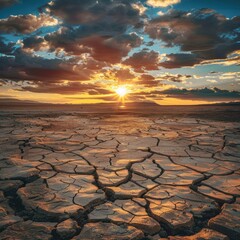 Cracked mud flats due to drought. The sun is setting in the background.
