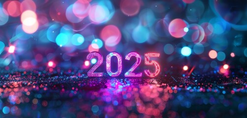 2025 new year celebration with colorful bokeh lights and sparkling background