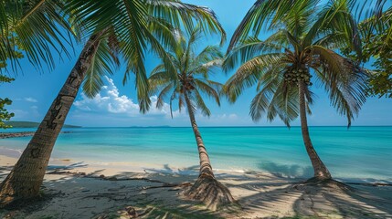 Three tall palm trees standing on a sandy beach by the turquoise waters in Thailand. Generative AI