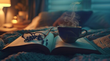 A steaming cup of lavender tea on a nightstand next to an open book with a pair of eyeglasses...