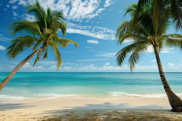 Two palm trees stand tall on a sandy beach, overlooking the turquoise water of the tropical paradise. Generative AI
