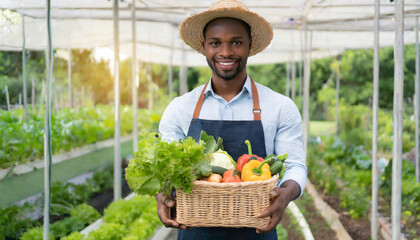 Obraz premium Man carries a basket full of vegetables