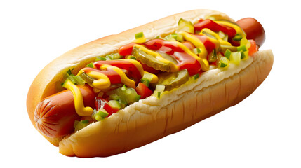  A classic hot dog with mustard, ketchup, and relish, transparent background