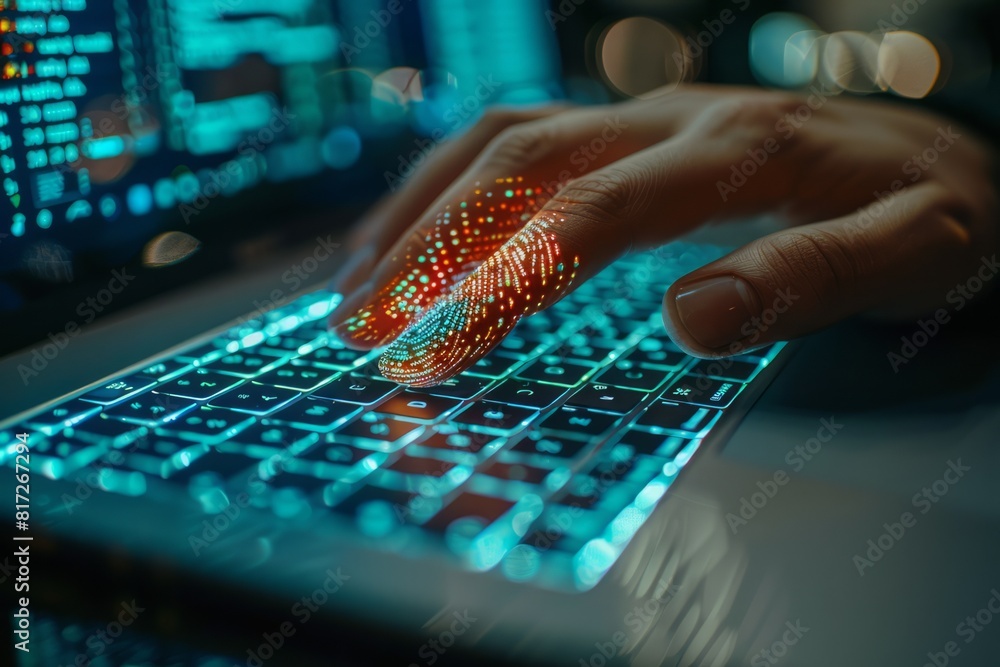 Poster hand interacting with a glowing keyboard and digital data overlay