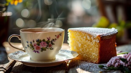 A steaming cup of tea and a slice of lemon pound cake on a vintage china plate with a floral design.