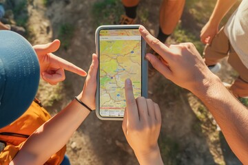 Hikers using smartphone map to navigate