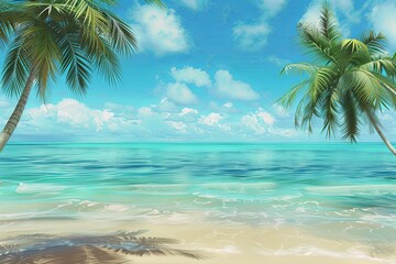 A painting of a tropical beach featuring palm trees against a backdrop of turquoise water. Generative AI