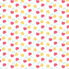 Cherry regular seamless pattern. Red and yellow berries repeat on white. Summer fruit design in flat style. Art for poster, postcard, banner, wall art. Vector illustration.