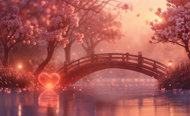 Evening landscape, a Japanese bridge over a river, surrounded by cherry blossoms. Bright neon heart in the foreground. Golden hour. Reflections on water. Miniature