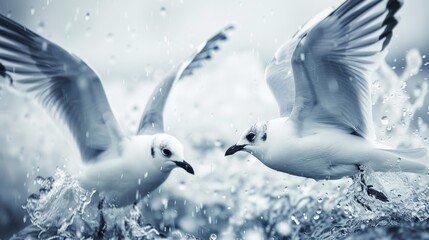  Two seagulls glide over a water body, their wings' undersides dotted with water droplets