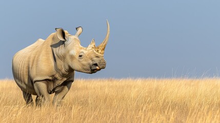  A rhino in a field of tall, dry grass beneath a blue sky