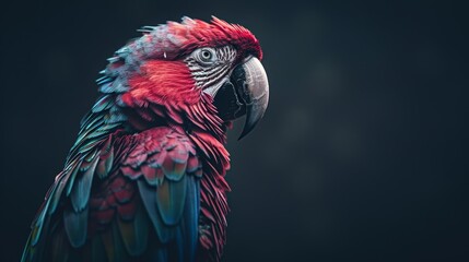  A tight shot of a vivid parrot against a black backdrop, surrounded by softly blurred lighter elements in the distance
