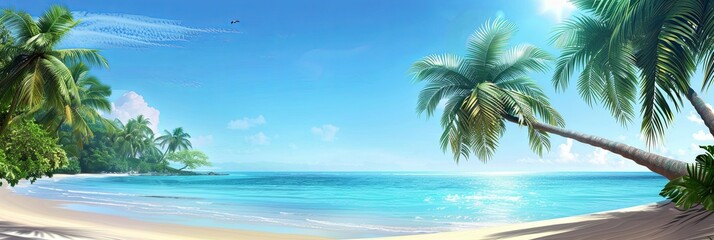 Lush palm trees line a sandy beach meeting crystal clear turquoise waters under a sunny sky. Generative AI