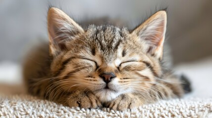  A tight shot of a cat dozing on a carpet, eyes concealed, head atop a plush pillow